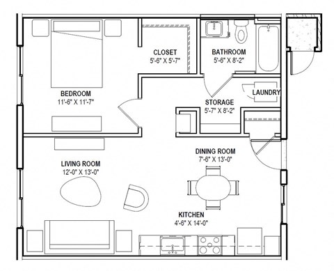 Floor plan for 1 bed, 1 bath, 624 sqft